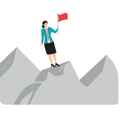 Businesswoman character holding red flag on top of mountain. Business, success, leadership, achievement and goal concept. Flat design vector illustration stock illustration