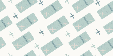 Seamless pattern of plane tickets. Airplane boarding pass in flat style. Illustration isolated on light background.