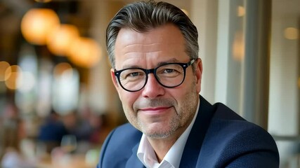 In a modern cafe that merges business and tech, a middleaged man in smart attire smiles, embodying professionalism in a space ideal for casual meetups and serious discussions for entrepreneurs