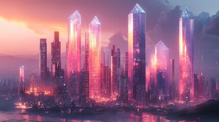 Obraz premium A skyline of conceptual buildings shaped like crystals and glowing with energy 