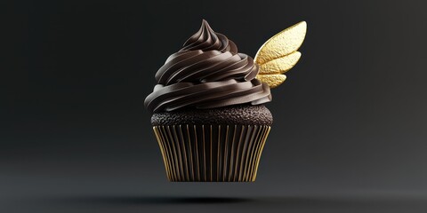 Flying dark chocolate cupcake with gold leaf, on a soft black background