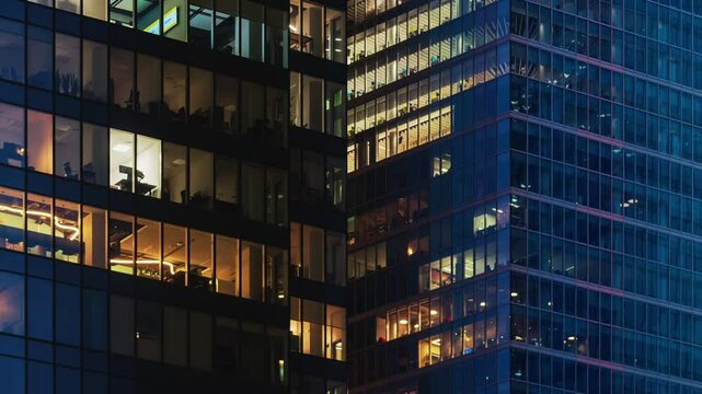 Day to night transition office windows lights time-lapse, modern high-rise skyscrapers, financial district tall glass buildings in downtown looking up wide angle shot, people working late evening