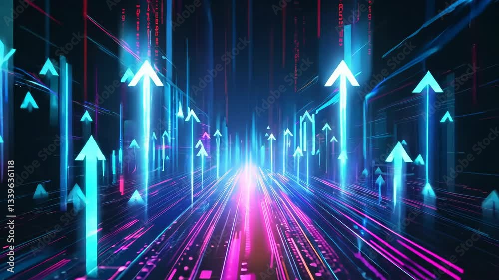 Aufkleber Blue and purple background with many arrows pointing upwards. The arrows are in different sizes and are scattered throughout the image. Scene is one of growth and progress