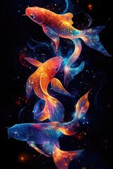 Vibrant koi fish swim in a dark, sparkly background.  Orange, blue, and red fish with glittering scales.  Digital art