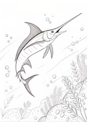 A fast swordfish swimming in the ocean, only outline for coloring, drawn as an outline sketch, only black lines, no colors, simple and clean for a children's coloring book.