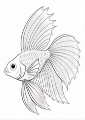 Fototapeta premium A tropical fish with beautiful fins, only outline for coloring, drawn as an outline sketch, only black lines, no colors, simple and clean for a children's coloring book.