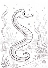 A sea snake slithering through the water, only outline for coloring, drawn as an outline sketch, only black lines, no colors, simple and clean for a children's coloring book.
