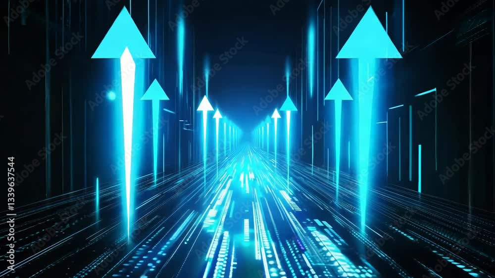 Aufkleber Blue background with a row of arrows pointing upwards. The arrows are all different sizes and are scattered throughout the image