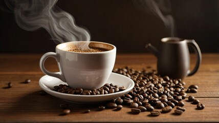 Fototapeta premium Cup of coffee with beans and hot water mug