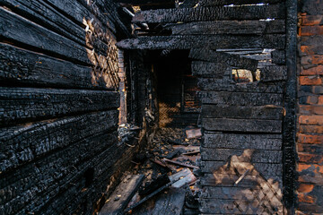 Aftermath of fire. Completely burnt house interior
