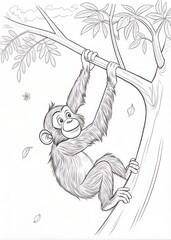 Obraz premium A chimpanzee swinging from a tree, only outline for coloring, drawn as an outline sketch, only black lines, no colors, simple and clean for a children's coloring book. (Coloring Pages)