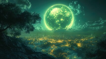 Fototapeta premium A surreal image of Earth transforming into a glowing green oasis 