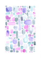 Watercolor abstraction, executed in delicate, pastel tones, consists of different-sized round and rectangular shapes, reminiscent of stones or a mosaic pattern. 
