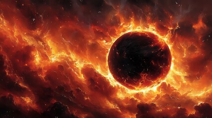 Fiery planet engulfed in flames and cosmic dust.