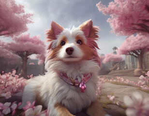 Adorable Dog Relaxing Among Blooming Cherry Blossom Trees in Spring - AI generated..