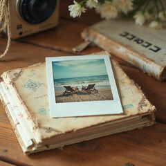 Livro aberto com fotos retrô Vintage No meio das páginas Em cima da mesa