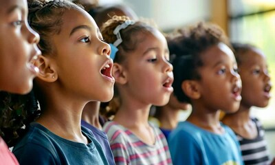Diverse group of children singing together in classroom