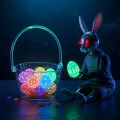 Coelho robô Segura novo da Páscoa Neon Junto a uma cesta Com vários ovos coloridos Neon