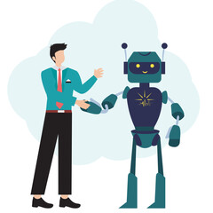 Kids play with modern robot design concept. Futuristic Artificial Intelligence Technology Concept Flat Vector Illustration. Activity outside with friendly robot and it says 