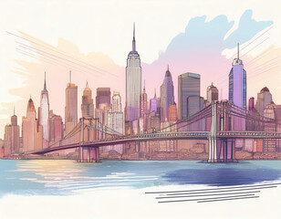 Illustrated View of New York City Skyline with Brooklyn Bridge at Sunset - AI generated
