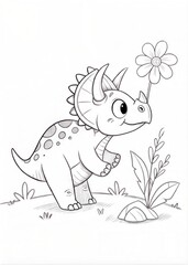Fototapeta premium A baby Triceratops playing with a flower, only outline for coloring, drawn as an outline sketch, only black lines, no colors, simple and clean for a children's coloring book. (Coloring Pages)