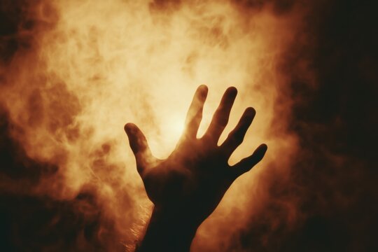 Silhouette of a hand reaching toward a glowing light, filled with longing - Powered by Adobe