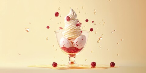 Flying ice cream in a glass sundae cup with berry syrup, on a pastel yellow background