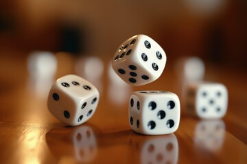 Dice mid-roll on a polished wooden surface, capturing motion and excitement in play