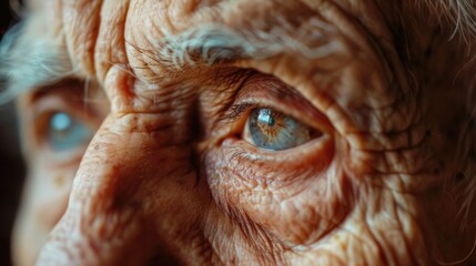 close-up view of an elderly man, pensioner, senior person, gaze into the camera, wrinkled face, blue eyes, the concept of wisdom and longevity