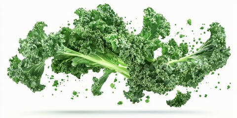 Obraz premium Flying kale bunch, with splashes, on a white background