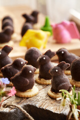 Chicken and bunny shaped no-bake Easter cookie filled with Eiercognac cream