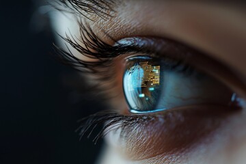 A closeup biometric scan of a male eye is used for monitoring and treatment in medical settings