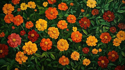   A painting of vibrant orange, red, and yellow flowers adorned with lush green foliage at their base