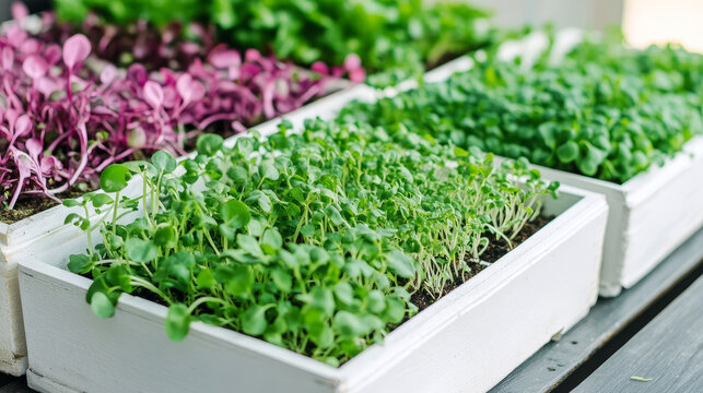 Urban microgreen farm with baby leaves sprouting in plastic trays under a phytolamp. Germination of seeds on hemp biodegradable mats, showcasing an eco-friendly small business. Ideal for sustainable u