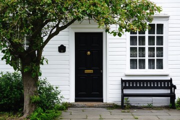 Black front door of a white house with a tree and bench nearby