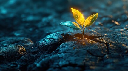 A glowing sapling growing in a cracked Earth, symbolizing hope and renewal 