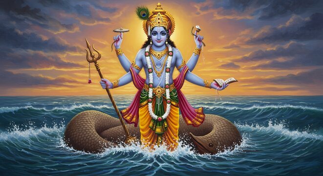 Lord Vishnu Resting on Sheshnag in the Cosmic Ocean