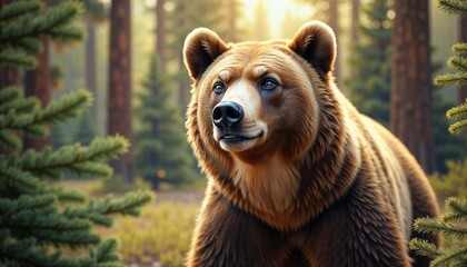 Obraz premium Majestic grizzly bear standing peacefully among tall pines, warm sunlight filtering through branches