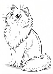 A fluffy Persian cat sitting elegantly, only outline for coloring, drawn as an outline sketch, only black lines, no colors, simple and clean for a children's coloring book.