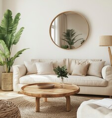 Living Room Interior Design with Sofa, Mirror and Plants in Pot