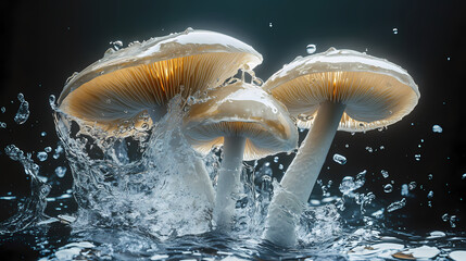 Refreshing mushrooms bursting from splashing water purity and natural fungi elegance splash. Translucent Caps. Illustration