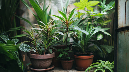 Withered ornamental plants due to neglect, showing signs of improper care—drooping leaves, dry soil, and faded colors—illustrating the impact of insufficient watering, poor lighting,