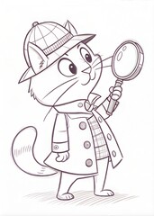 A cat dressed as a detective with a magnifying glass, only outline for coloring, drawn as an outline sketch, only black lines, no colors, simple and clean for a children's coloring book.