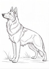 Fototapeta premium A German shepherd standing proudly, only outline for coloring, drawn as an outline sketch, only black lines, no colors, simple and clean for a children's coloring book.