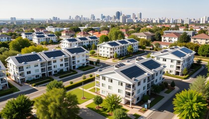 Fototapeta premium Modern residential buildings surrounded by greenery and city skyline 