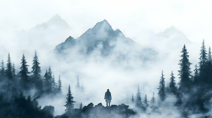 Fototapeta premium Misty Mountain Landscape With Silhouette Figure