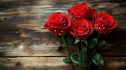Four red roses with white polka dots on rustic wood.