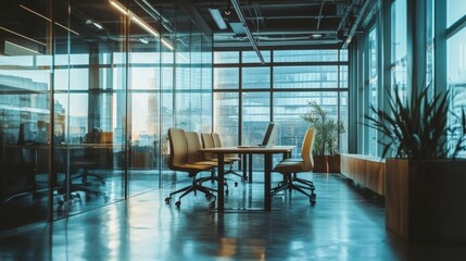 Fototapeta premium Minimalist Office Setting: Show a stylish conference room with glass walls, half-covered with smart film that transitions between transparent and opaque.