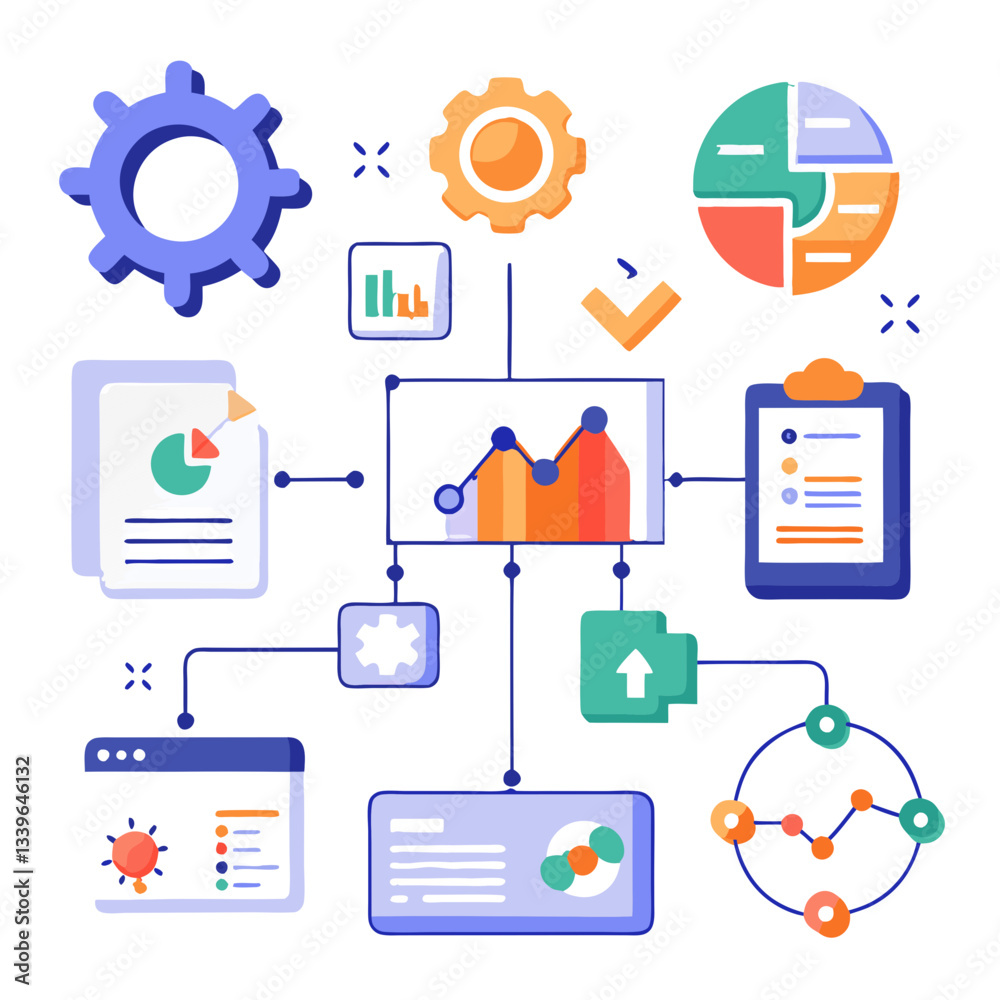 Poster visuals showcase workflow optimization with various charts, steps, and icons. this design emphasizes