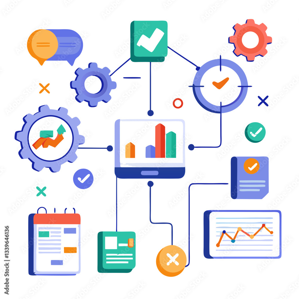 Poster visualization of workflow optimization displaying various charts and steps. the design includes gear
